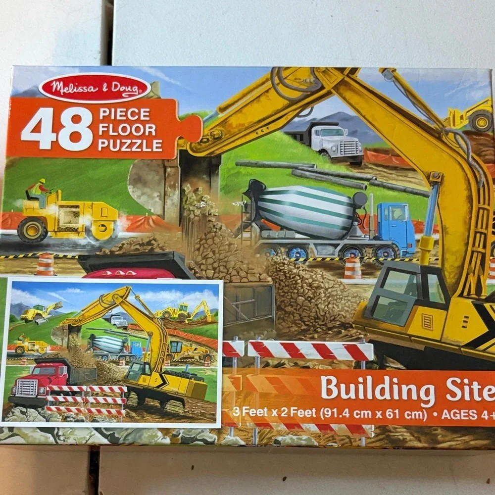 Melissa & Doug Building Site Puzzle with Yellow and Red Vehicles | EUC | Ages 4+